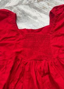 Red Smocked Square Neck Blouse