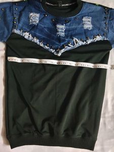 green+Denim patchwork,studded , ripped design long