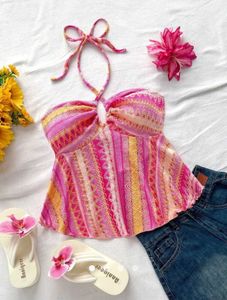 Vibrant Pink & Yellow Halter Neck Top