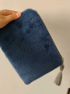 Blue Faux Fur Clutch with Tassel