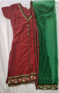 Red & Green Salwar Kameez Suit + Dupatta