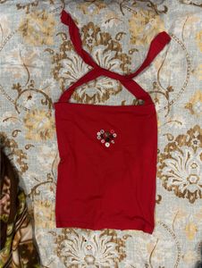Y2K Red Halter Neck Top with Button Detail