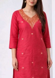 Beautiful Red Kurta with Embellished Neckline