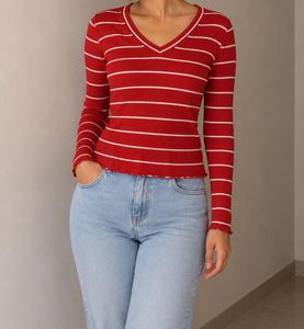 Striped V-Neck Long Sleeve Top