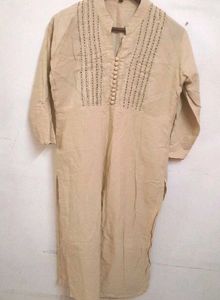 Beige Kurta with Embellished Neckline