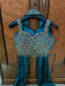 Teal Blue Heavy Embroidered &amp; Organza Lehenga Set