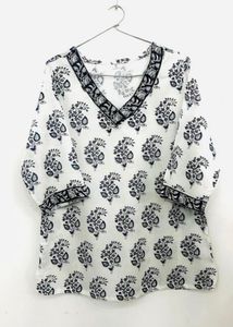 White Kurta with Navy Print