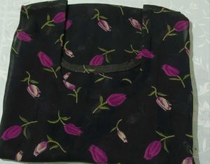 Black Kurta Set with Floral and Stripe Print