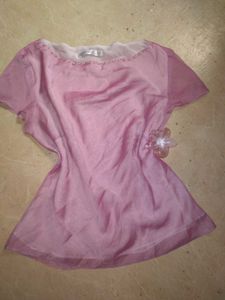 Pink Sheer Organza Top with Pearl Neckline | Size