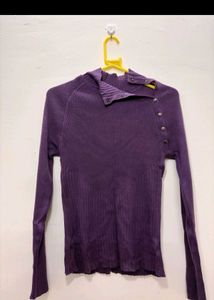 Purple Mock Neck Button Detail Sweater