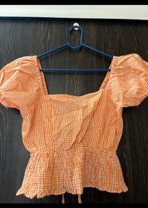 Orange Gingham Puff Sleeve Top