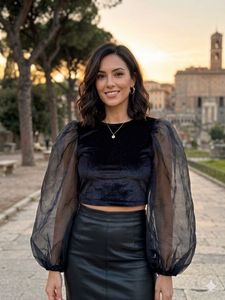 Velvet Crop Top with Sheer Sleeves