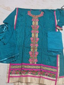 unstitched Embroidered Teal Kurta Set with Dupatta