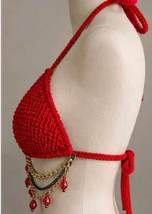 Red Crochet Bikini Top with Chains