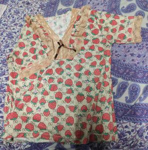 Strawberry Print Top with Lace