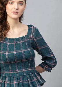 Chic Teal Plaid Smocked Peplum Top