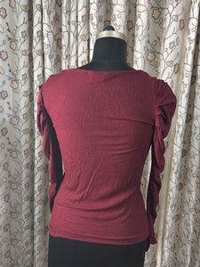 Maroon Puff Sleeve Square Neck Top