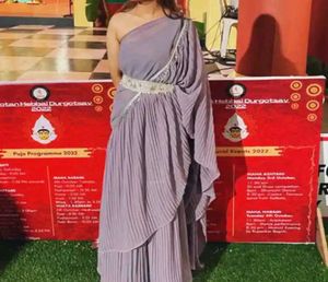 Lavender Pleated Saree with Clutch