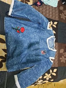 Blue Denim Wash Cold Shoulder Top