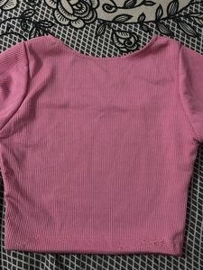 Pink Square Neck Ribbed Top &amp; Denim Skirt