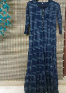 Navy Blue Plaid Tiered Maxi Dress