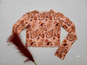 Trendy Orange Abstract Print Mesh Top