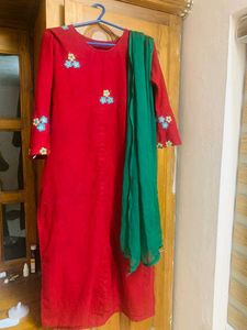 Red Embroidered Kurta Set