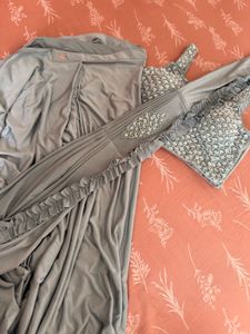 Elegant Grey Ruffled Saree with Embellished Blouse
