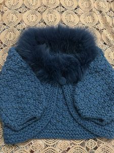 Cozy Blue Knit Cardigan with Fur Trim