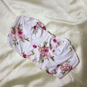 Floral Embroidered White Strapless corset