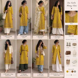 Yellow Printed Kurta with Multiple Styling Options