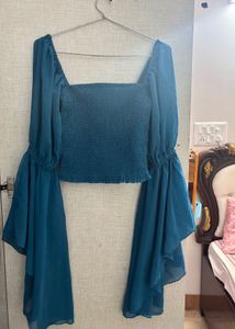 Statement Teal Bell Sleeve Crop Top
