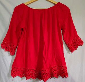 Red Off-Shoulder Top with Lace Trim
