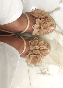 Beige Flower Embellished Flat Sandals