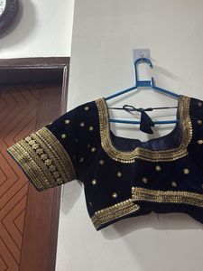 Navy Blue Embroidered Velvet Blouse
