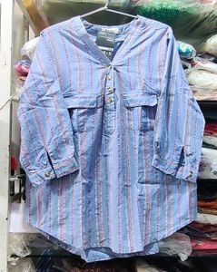 Casual Blue Striped V-Neck Top