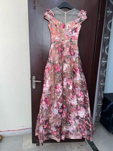 Pink Floral Print Evening Gown