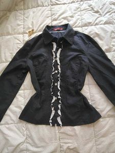 Elegant Black Ruffle Front Button-Up Shirt