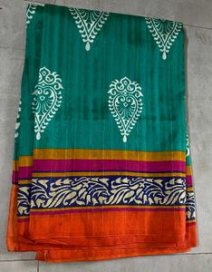 ✨ Teal Block Print Synthetic Saree ✨