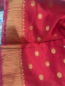 Elegant Red Saree with Gold Polka Dots