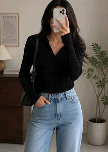 Chic Black Ribbed Collared Sweater
