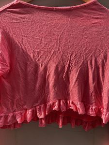 Pink Graphic Crop Top with Ruffle Hem