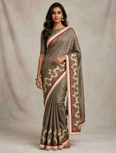 Embroidered Grey Saree with Mirror Work