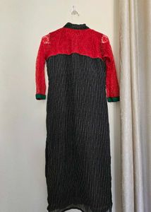 Red Lace &amp; Striped Kurti Dress