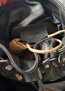 Black Embroidered Drawstring Bucket Bag