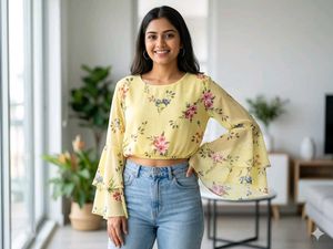 Yellow Floral Bell Sleeve Crop Top