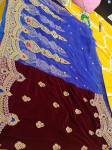 maroon and royal blue embellished saree