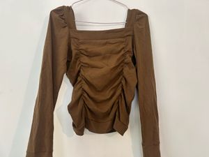 Brown Ruched Square Neck Top