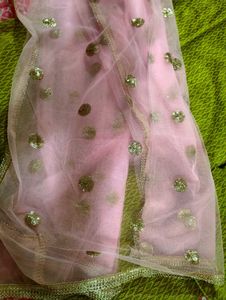 Sparkly green Kurta + pant with pink Dupatta