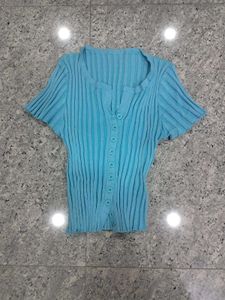 Cyan Blue Knit Crop Top